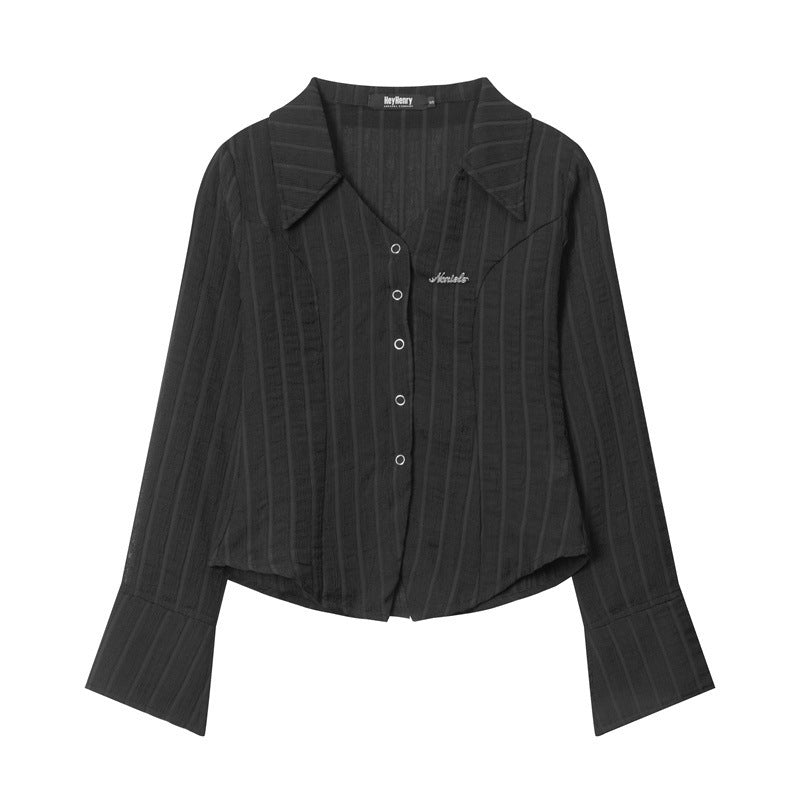 A black textured pinstriped blouse with silver buttons, pointed collar and bell sleeves, featuring embroidered brand logo detail