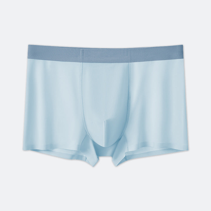 Light blue boxer briefs with matching elastic waistband, seamless design with contoured pouch