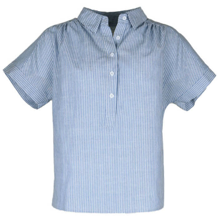 Flat-lay of a blue striped short-sleeve button-up shirt, highlighting its relaxed fit and classic design.