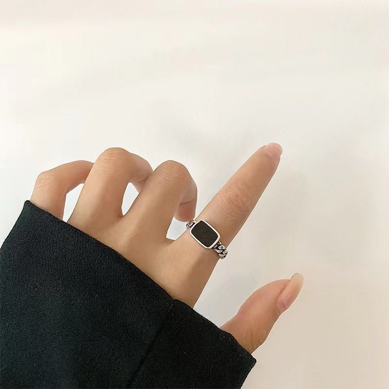 Modern Black Rectangle Adjustable Ring with Chain Band