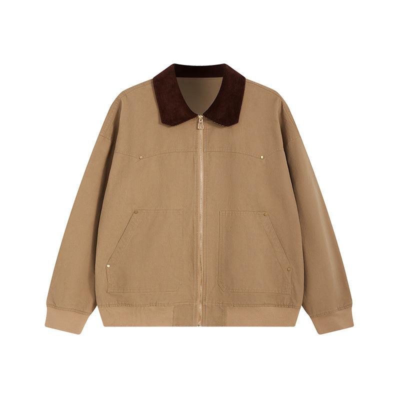 Khaki bomber jacket with black collar, utility pockets, minimalist style