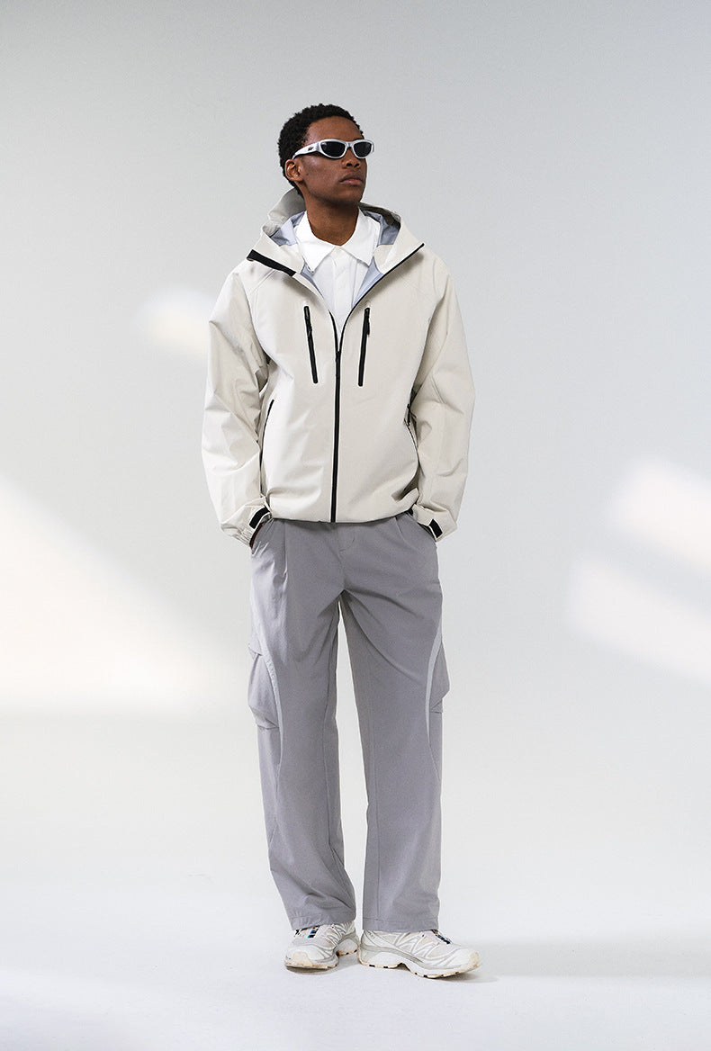 Off-white windbreaker jacket front view on model, hooded shell