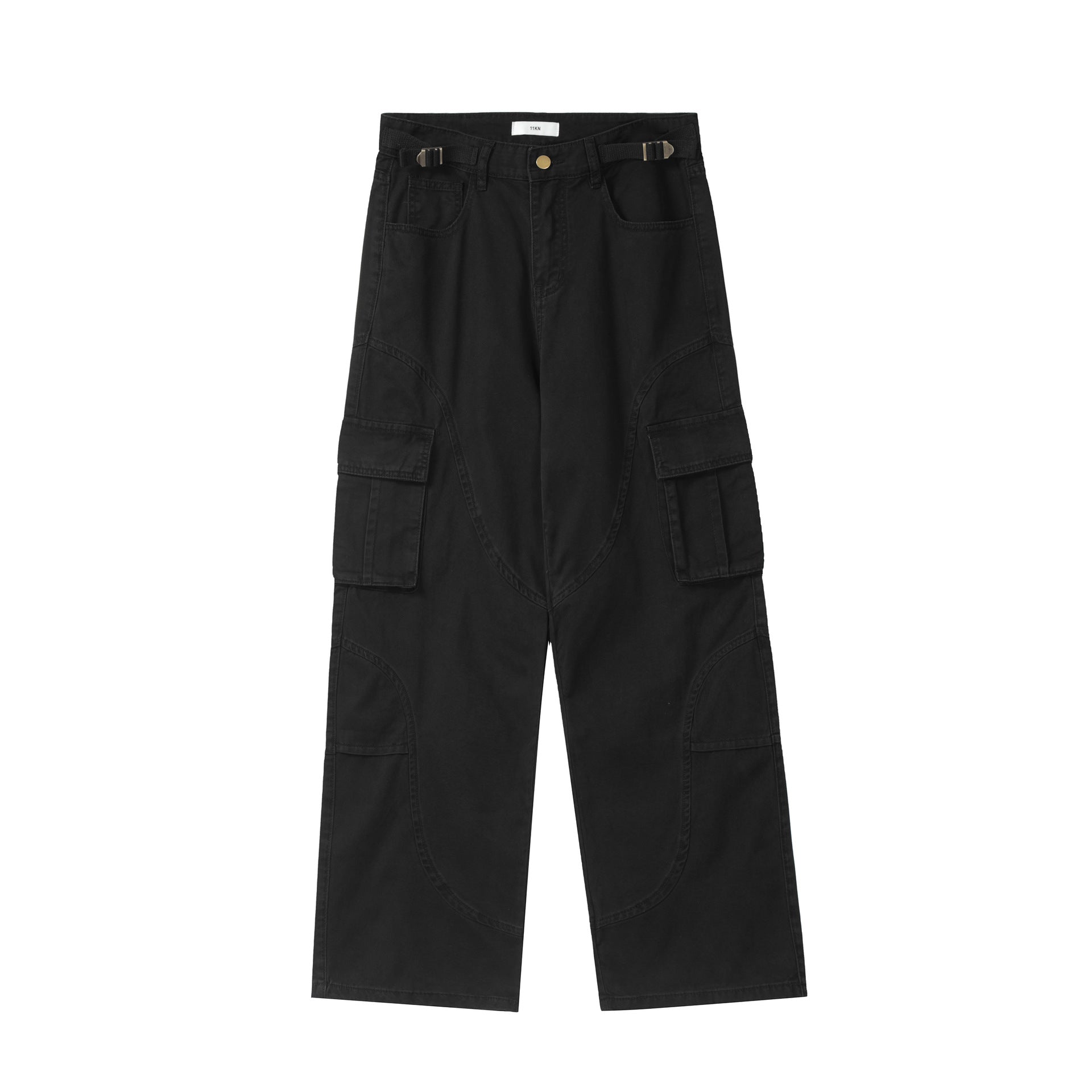Front view of black wide-leg cargo pants with curved panels and utility pockets, flat lay on white background