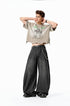Black mid rise wide leg jeans front stance, extra-loose silhouette