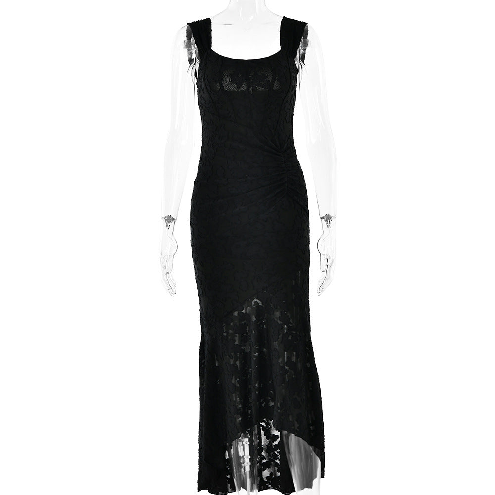 A black textured formal dress with square neckline and ruched waist displayed on mannequin against white background