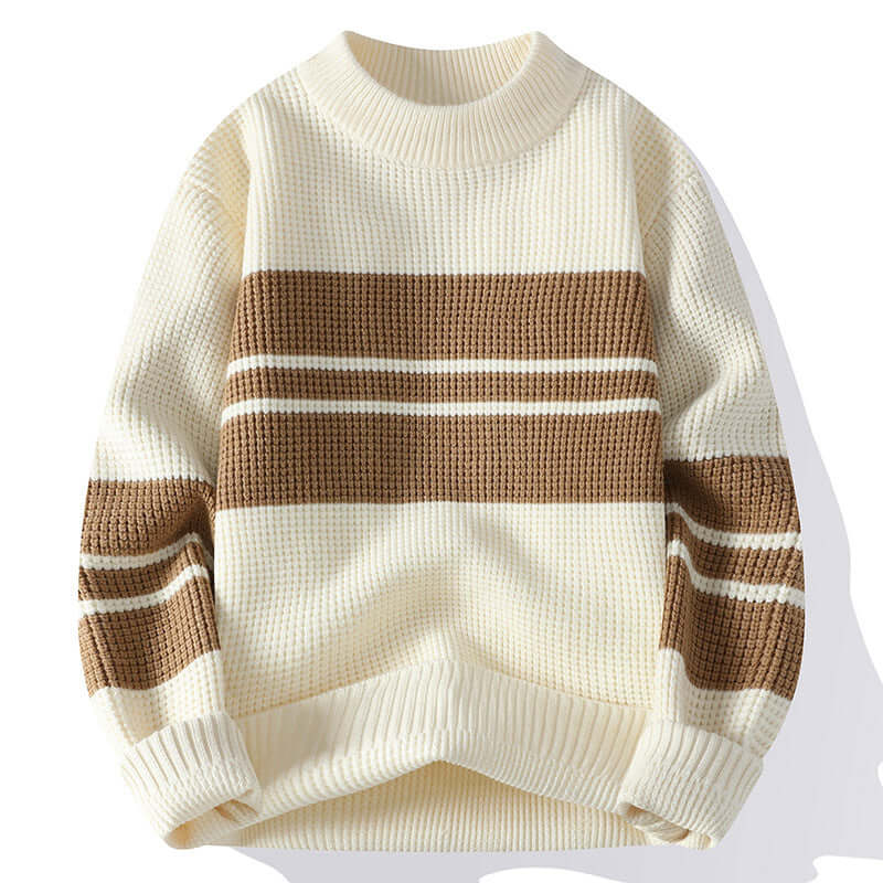 Off-white waffle-knit sweater with brown stripe pattern