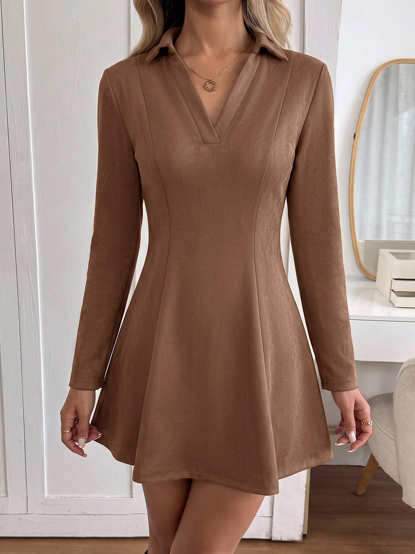 Brown Faux Suede Mini Dress with Point Collar