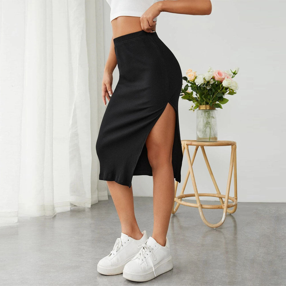 Minimalist High-Slit Black Midi Skirt