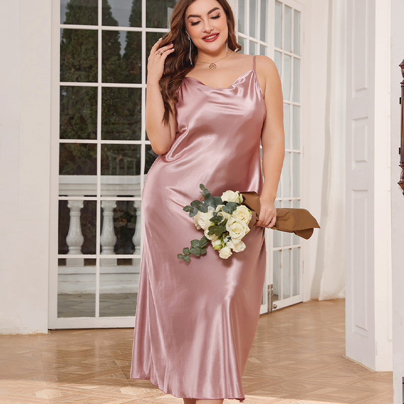 Plus-Size Satin-Feel Long Dress with V-Neck and Sleeveless Design