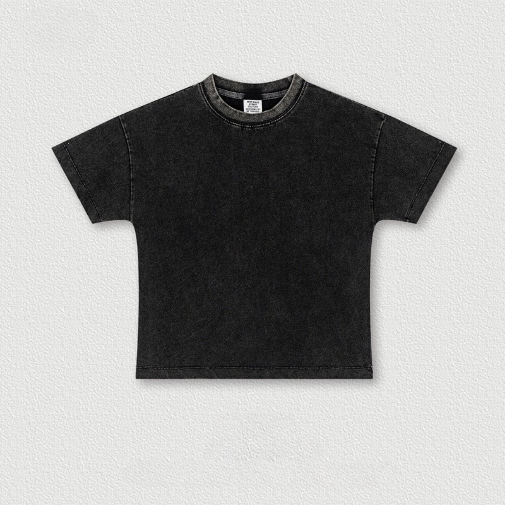 Washed black cotton with crew neck and drop shoulders, flat product shot