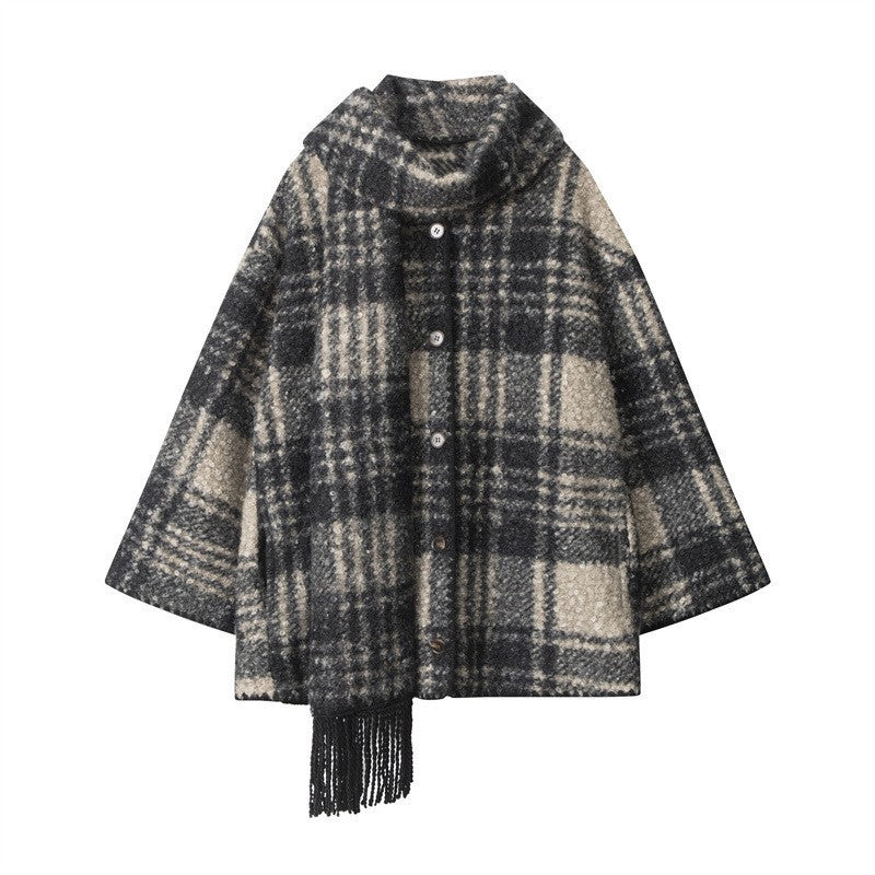 Plaid Pattern Mid-Length Coat with Scarf Collar