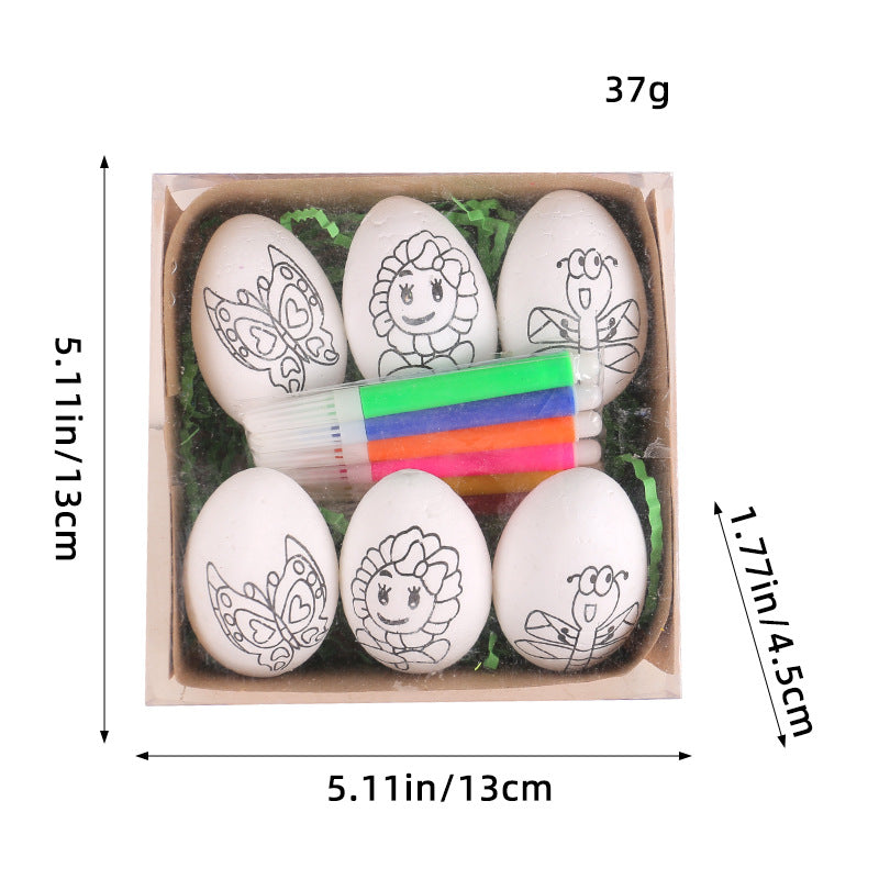 Easter egg painting kit dimensions: 5.11 inches (13 cm) square box, containing six white eggs with designs and a set of six markers.
