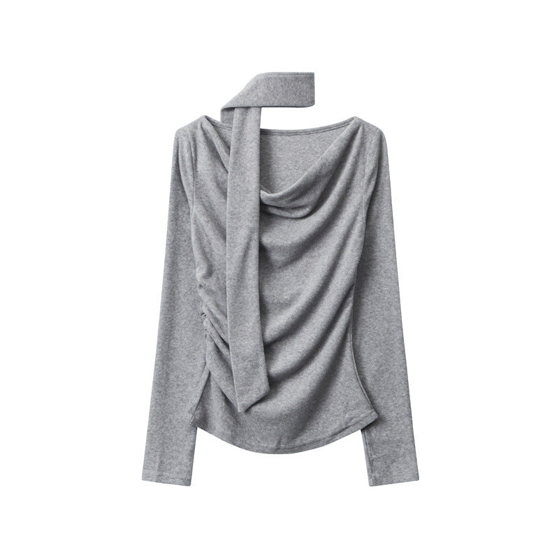 Heather gray long-sleeve top with draped cowl neckline and attached scarf accent