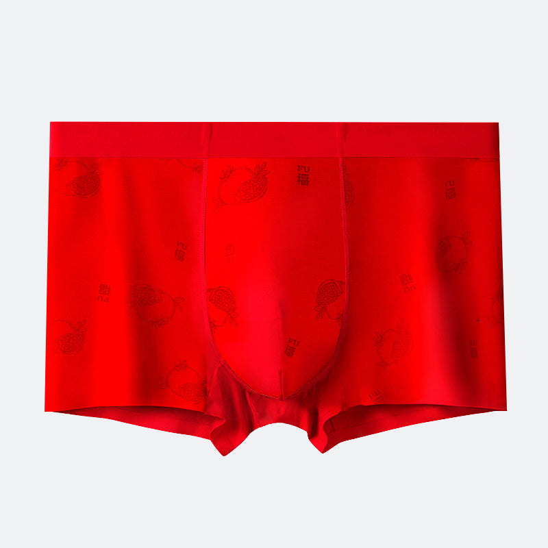 Red boxer briefs with traditional lucky 'Fu' characters printed in darker red, displayed against white background
