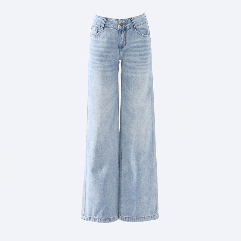 Flat lay front view of light wash straight leg wide-leg denim jeans.