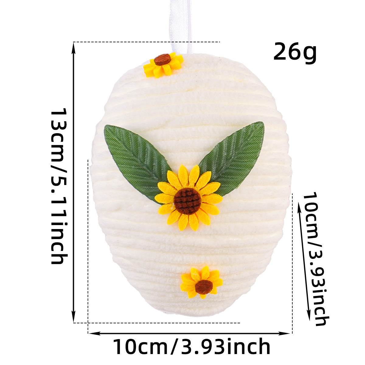 A white plush Easter egg with sunflower and leaf decorations, dimensions: 13cm x 10cm, weight: 26g.
