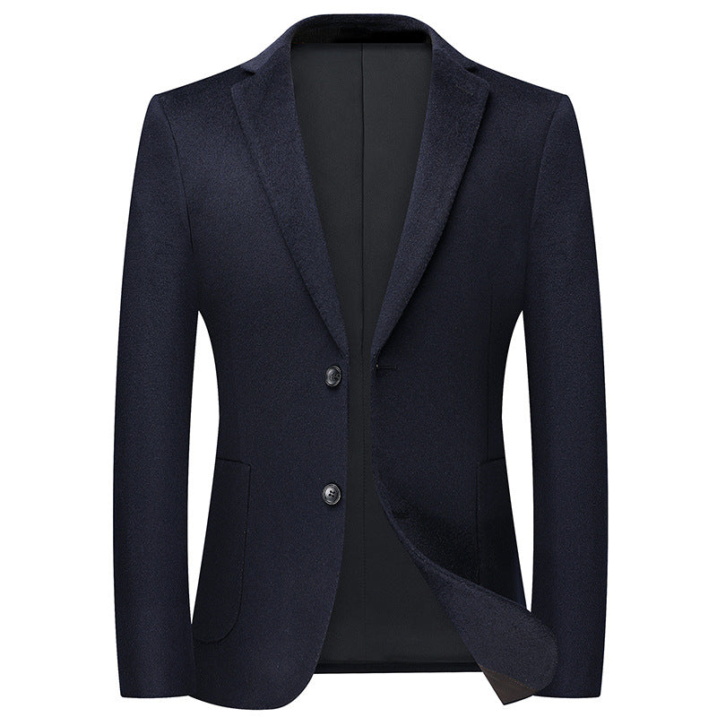 Front view of navy blue wool blazer with notched lapels and two-button closure, slightly opened