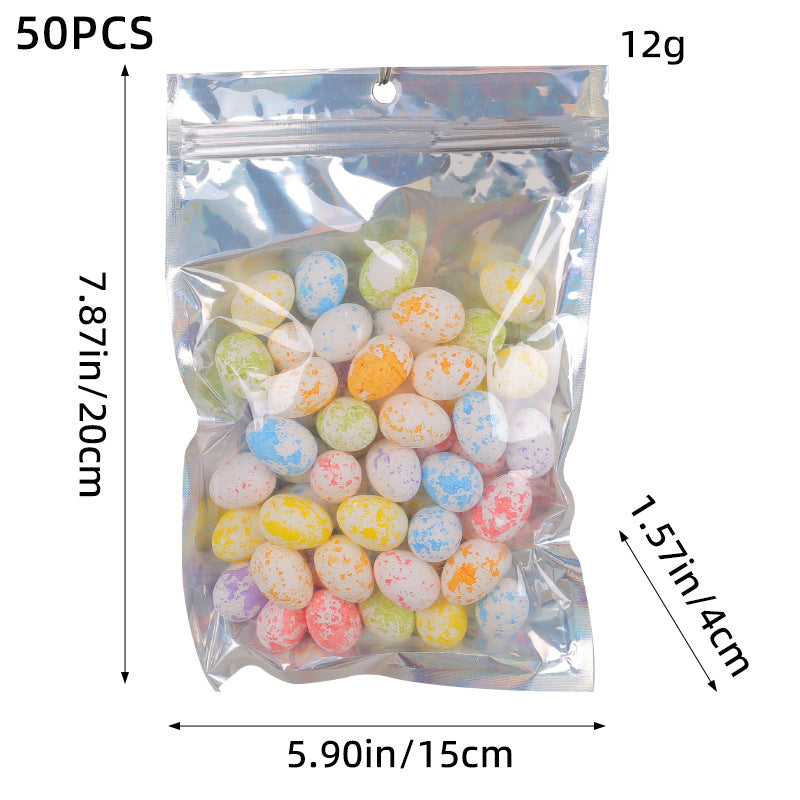 A clear ziplock bag containing 50 multicolor speckled mini eggs, with labeled dimensions and weight (12g).