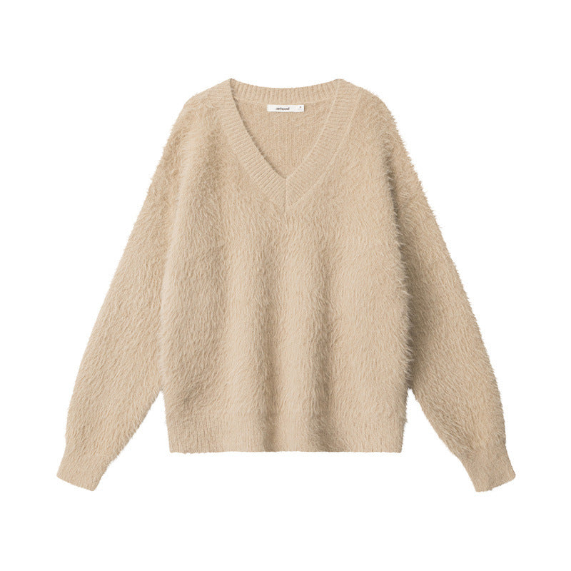 Beige fuzzy knit sweater with v-neck and dropped shoulders