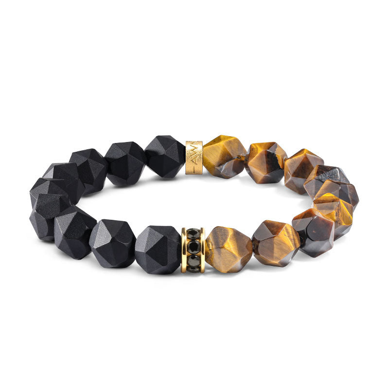 Black and golden-brown gemstone bracelet with faceted beads and gold-tone accents, featuring a sleek, modern design.