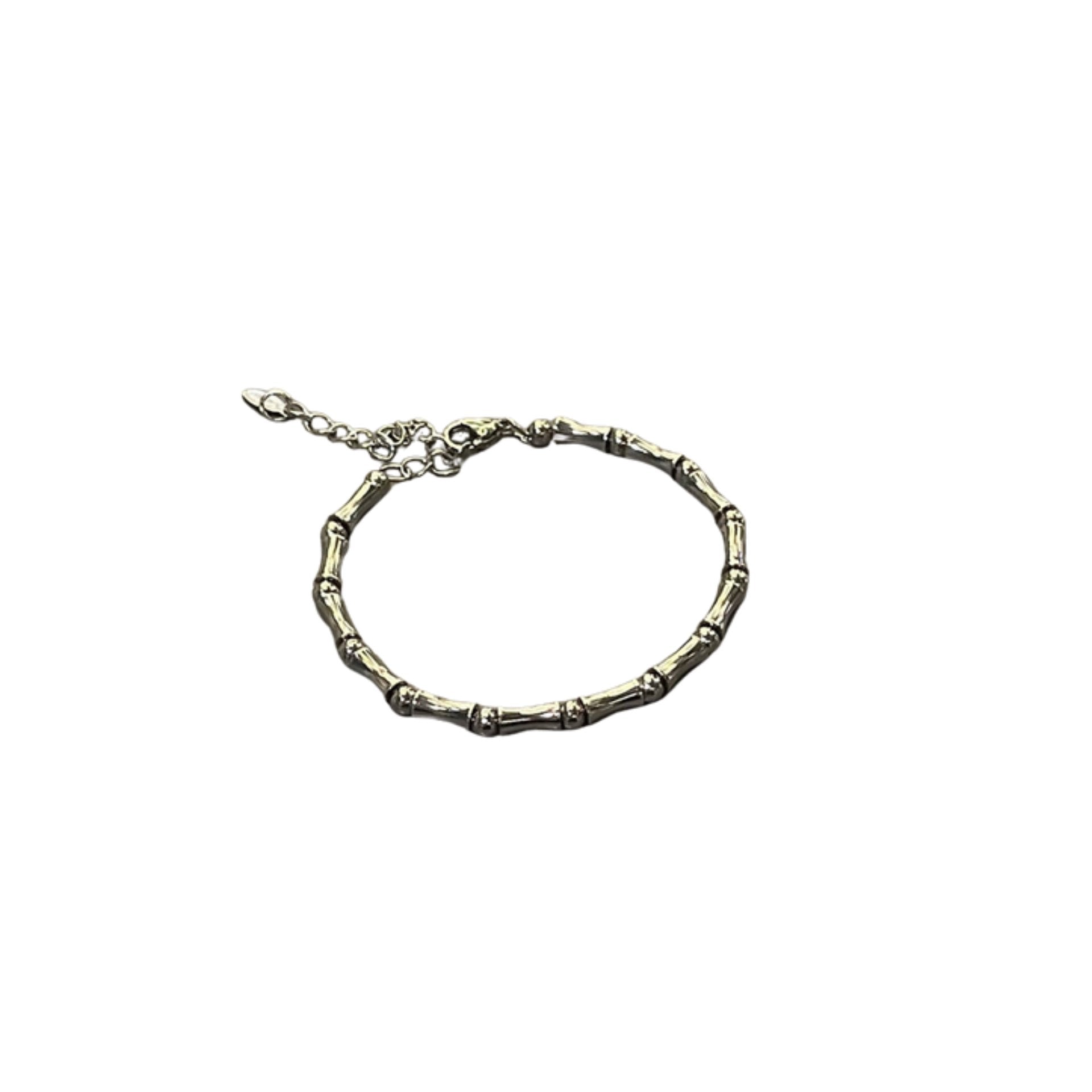 Silver-toned bamboo link bracelet with an adjustable clasp, displayed on a white background