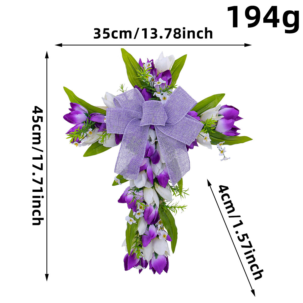 A detailed view of a purple floral cross wreath with dimensions and weight, showcasing tulip accents and a structured design.