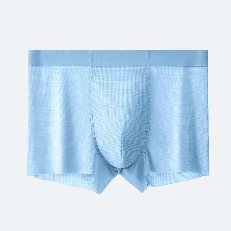 Powder blue men's boxer briefs with elastic waistband and seamless design, product photography