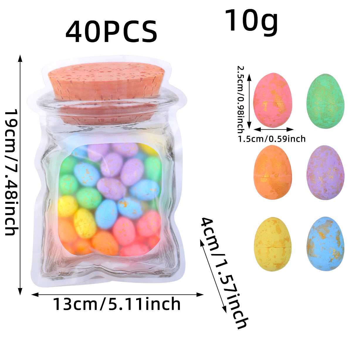 A transparent jar-shaped bag filled with colorful speckled eggs. Dimensions: 19cm/7.48in height, 13cm/5.11in width, 4cm/1.57in depth. Eggs: 2.5cm/0.98in x 1.5cm/0.59in.