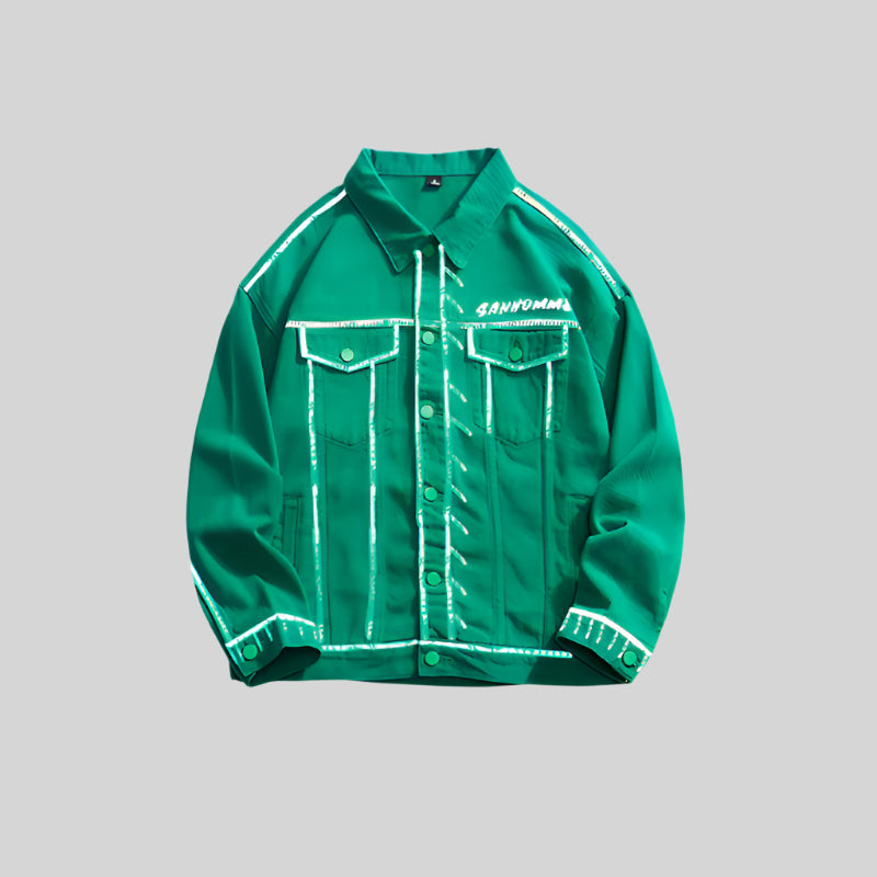 Green SANHOMME outline denim jacket displayed against gray background, featuring white contrast stitching and chest pockets