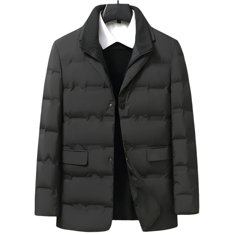 Front view of dark gray down blazer on mannequin with white dress shirt and black sweater