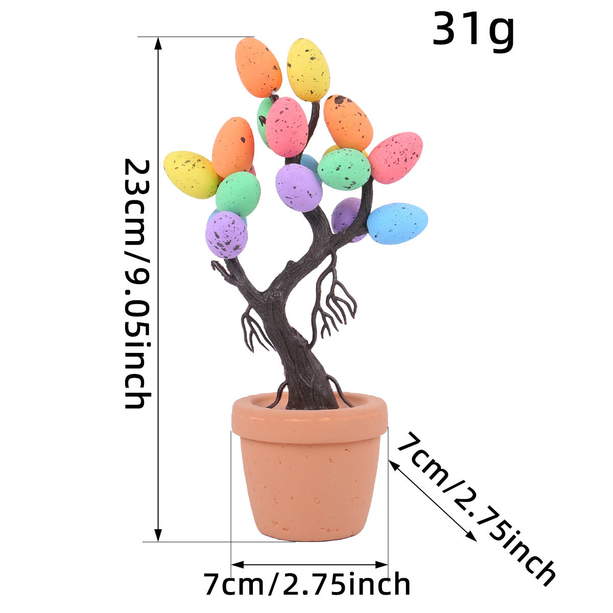 A small Easter tree with pastel-colored eggs, twisted dark branches, and a terracotta pot, measuring 23cm in height and 7cm in width.