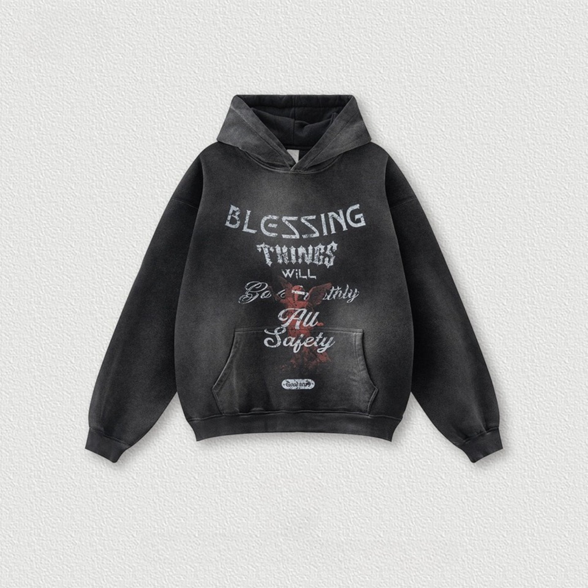 Black graphic hoodie with 'Blessing Things' text, flat product photo against white background