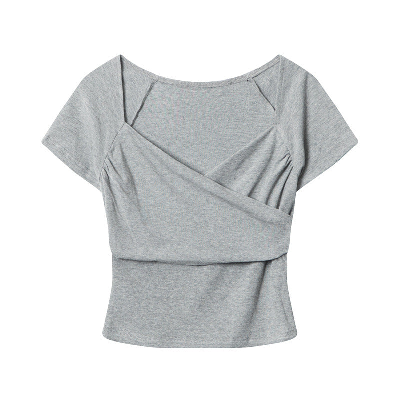 Gray short-sleeve wrap crop top in black and gray