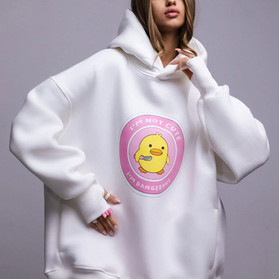 Oversized Cotton Blend Kawaii Duck Slogan Hoodie