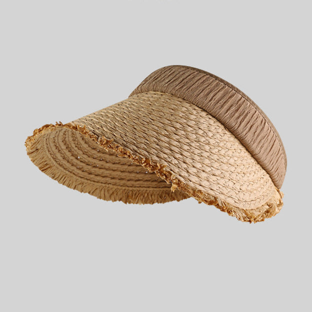A khaki straw visor hat with a wide frayed brim and a soft fabric band, perfect for sun protection and summer outings.