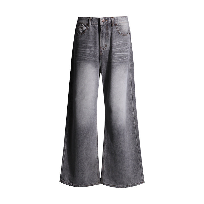 Mocha Gray High-Waisted Wide-Leg Jeans with Distressed Finish