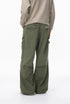 Army green cargo pants back-side angle, loose straight leg and stacked hem