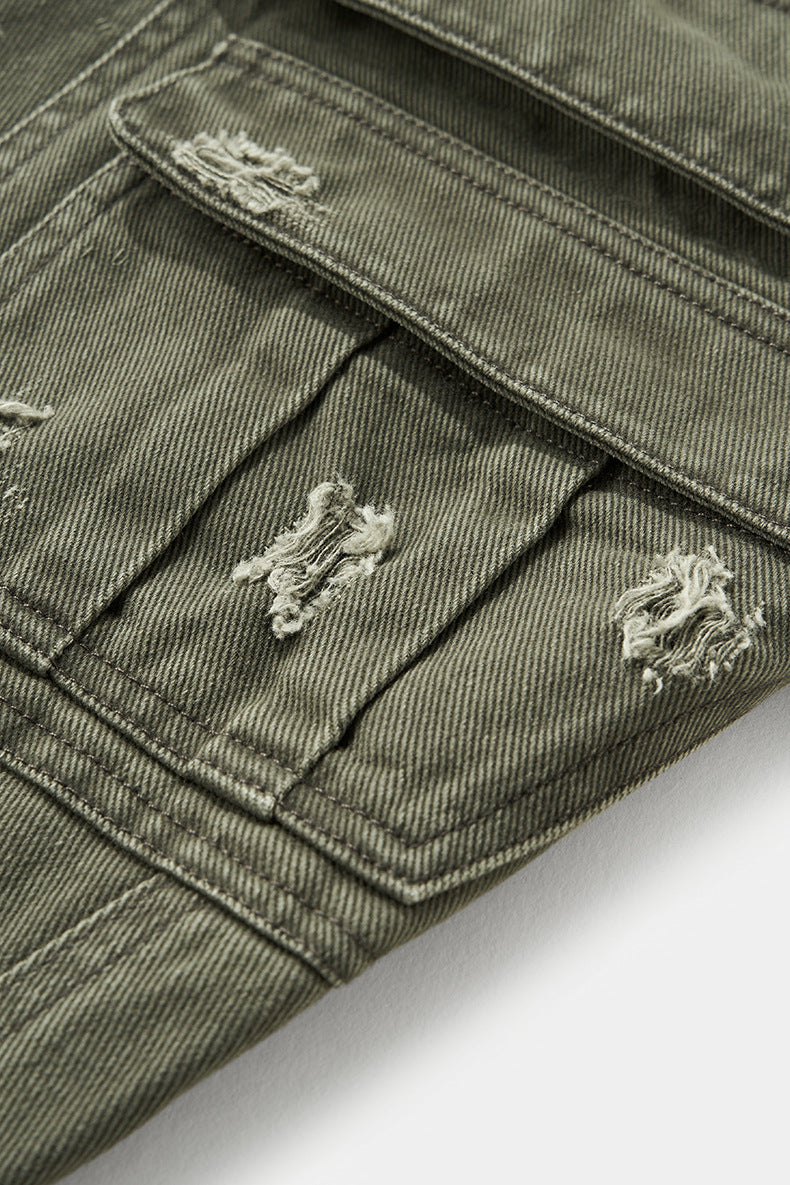 Army green cargo pants distressed pocket stitching close-up