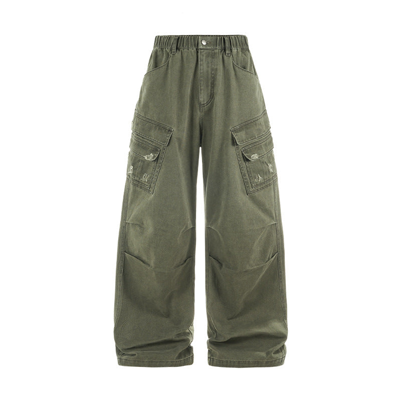 Army green cargo pants flat lay front, straight leg and cargo pockets