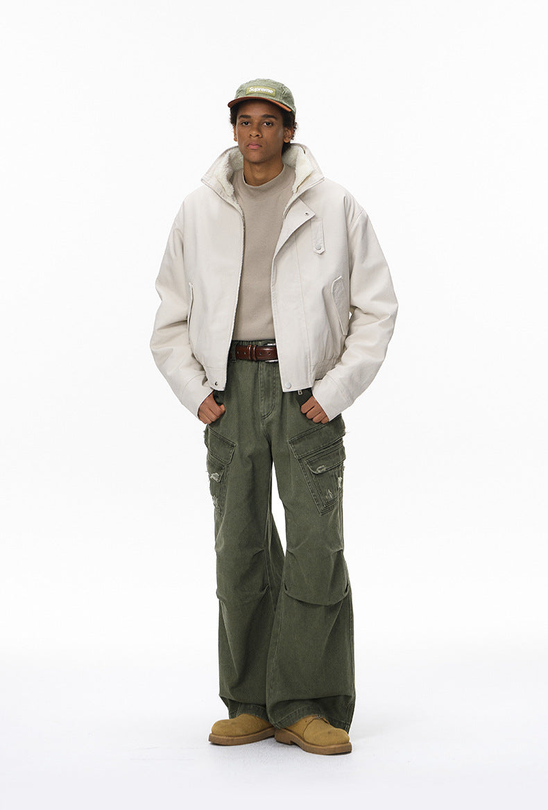 Army green cargo pants on model casual front pose, mid-rise