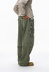 Army green cargo pants right profile, full length with flap pockets