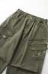 Army green cargo pants waistband and yoke detail, elastic back