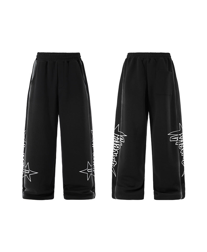 Flat lay front and back—black wide-leg sweatpants with graphic prints.