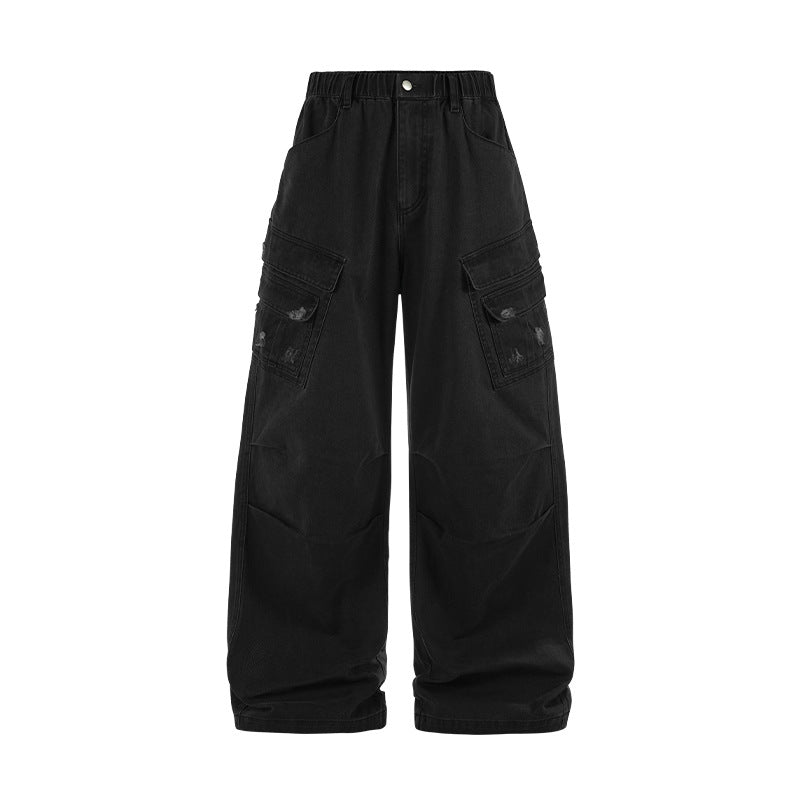 Black cargo pants flat lay front, mid-rise and multi pockets