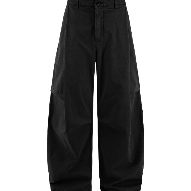 Black corduroy pants flat lay back, wide leg and patch pockets