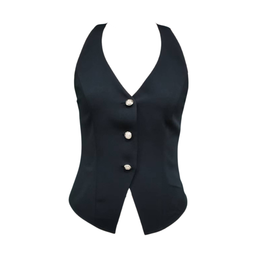Flat lay of black halter tank top with buttons