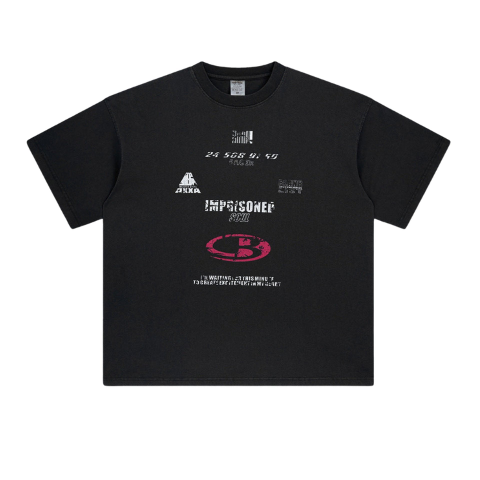 Black t-shirt with vintage wash and fragmented “Imprisoned Soul” graphic