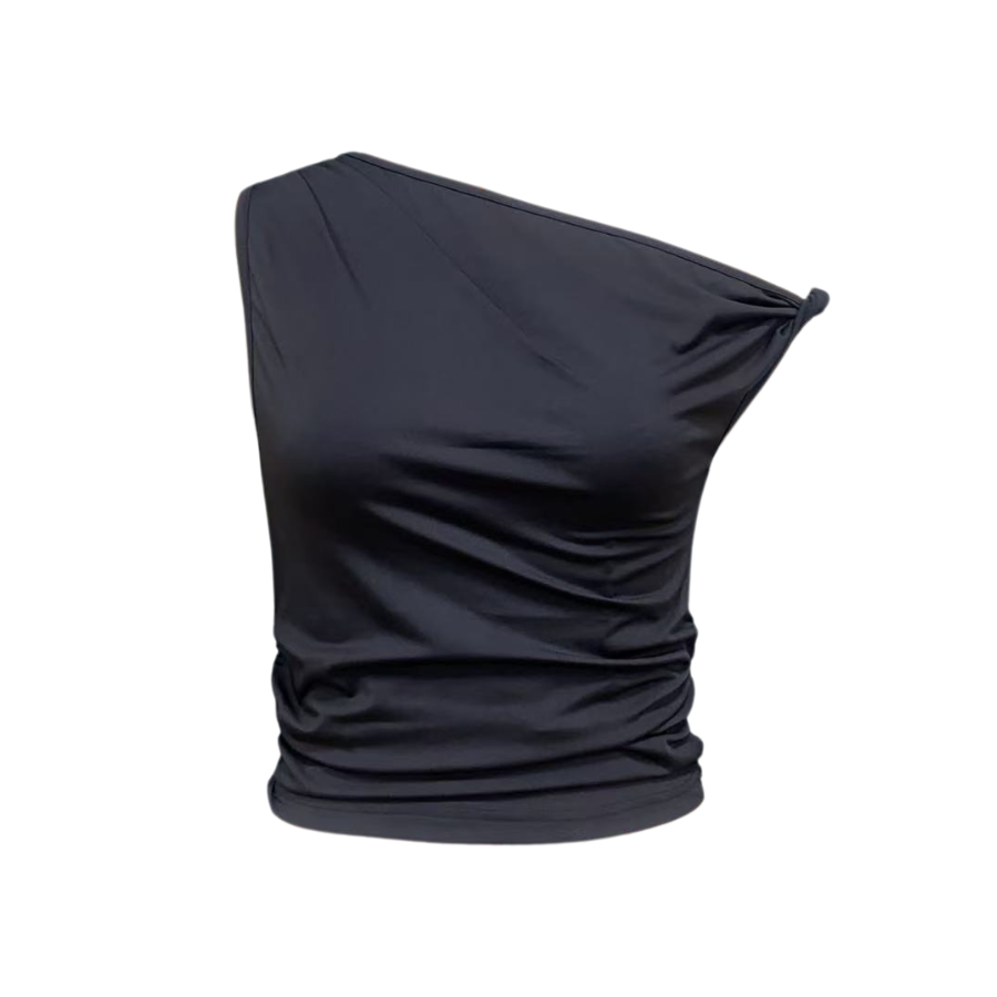 Flat lay of black off-shoulder top