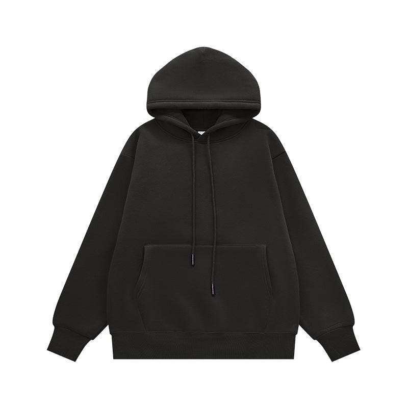 Black hoodie flat lay front, kangaroo pocket detail