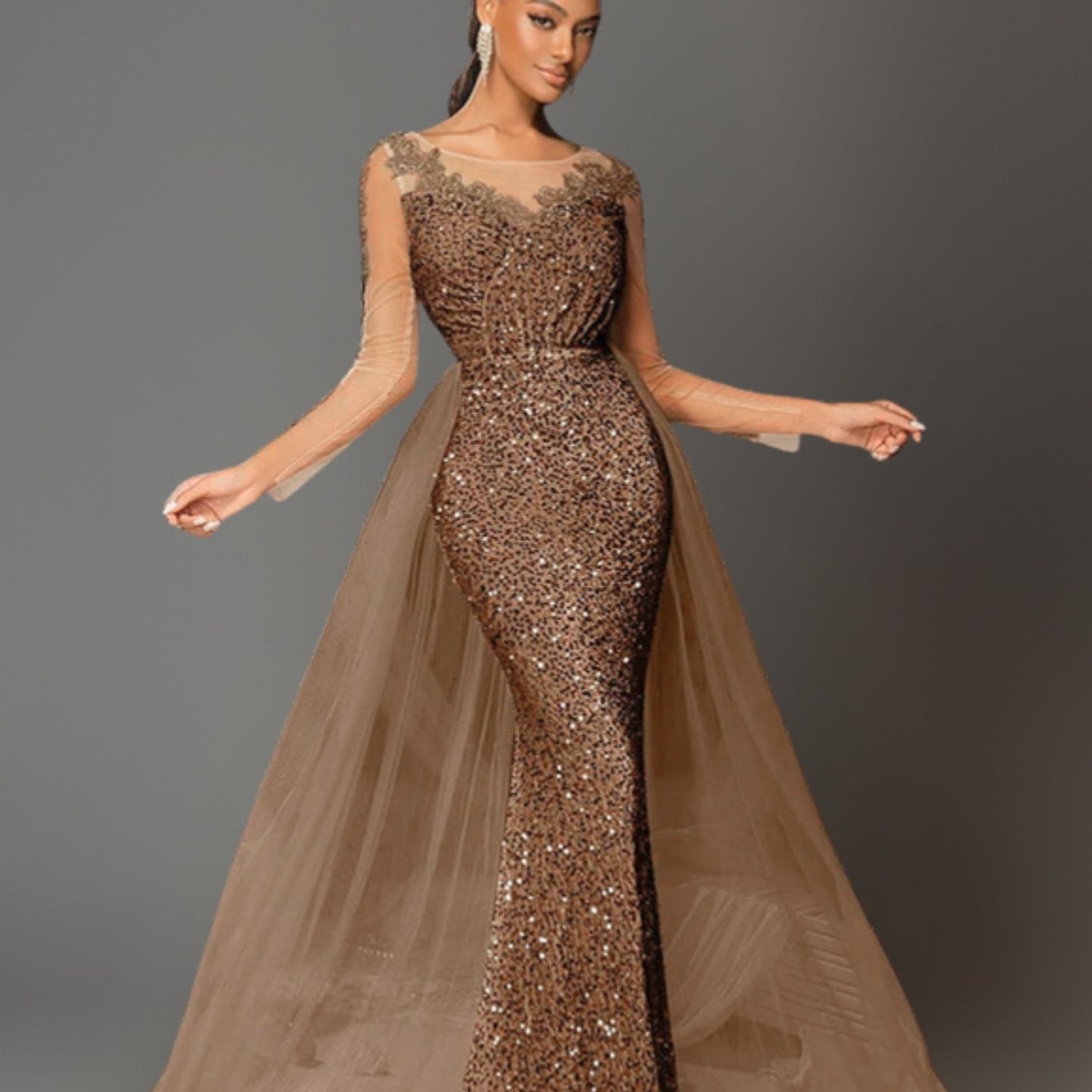 Woman wearing a brown long, elegant sequin mermaid dress on a gray background